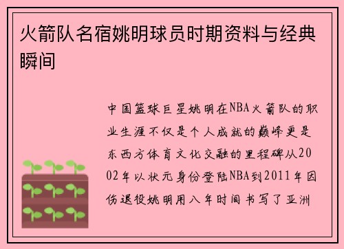 火箭队名宿姚明球员时期资料与经典瞬间
